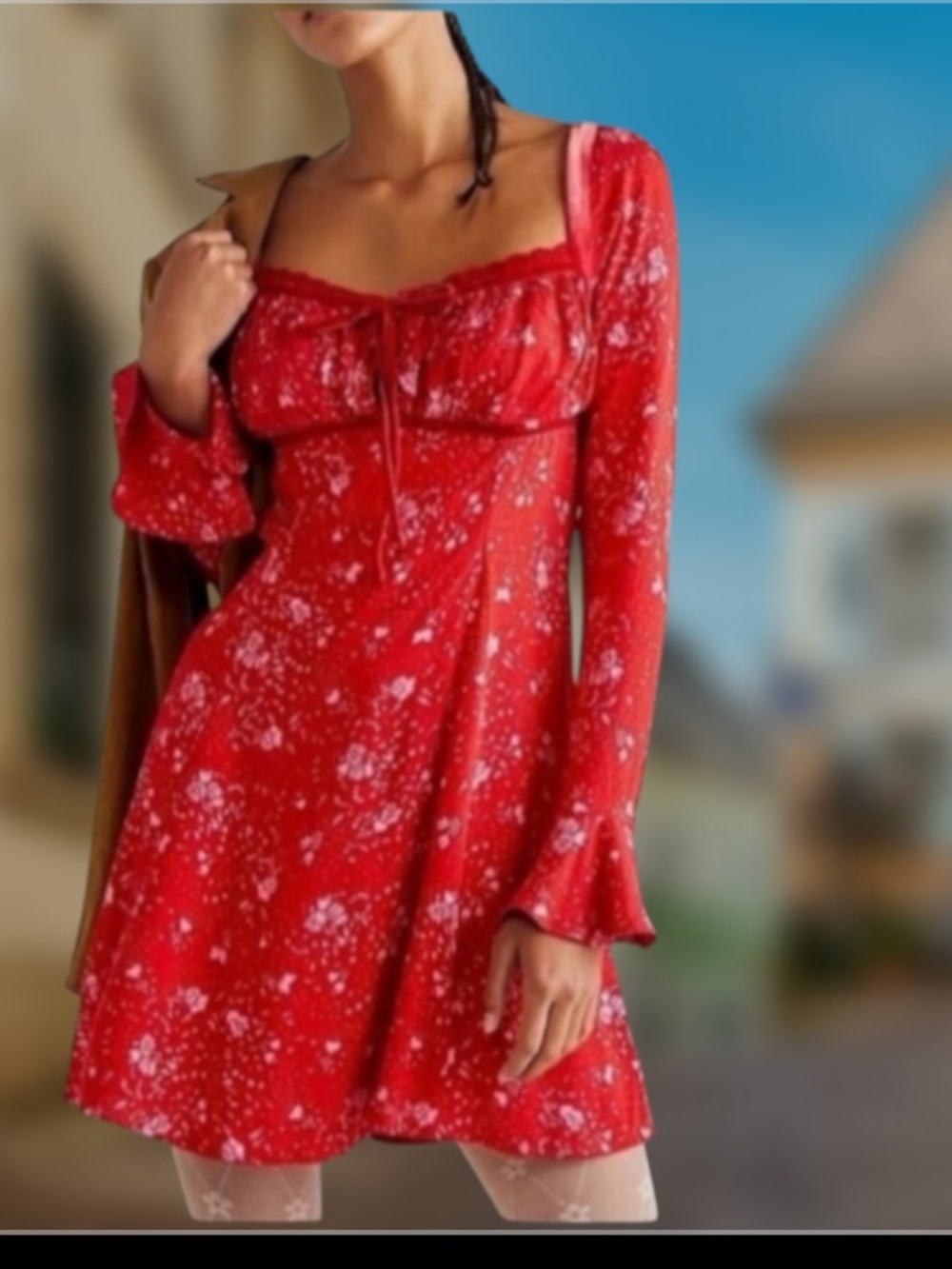 FREE PEOPLE TESS RED FLORAL VELVET LONG SLEEVE MINI DRESS SMALL - Picture 1 of 9
